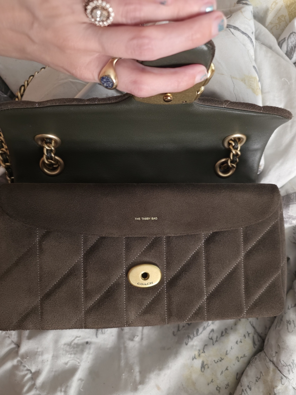 Coach Tabby Quilted Suede Shoulder Bag in Olive with Gold Hardware